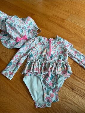 Flapdoodles Pink & Aqua Seashell Ruffle Long-Sleeve One-Piece Swim